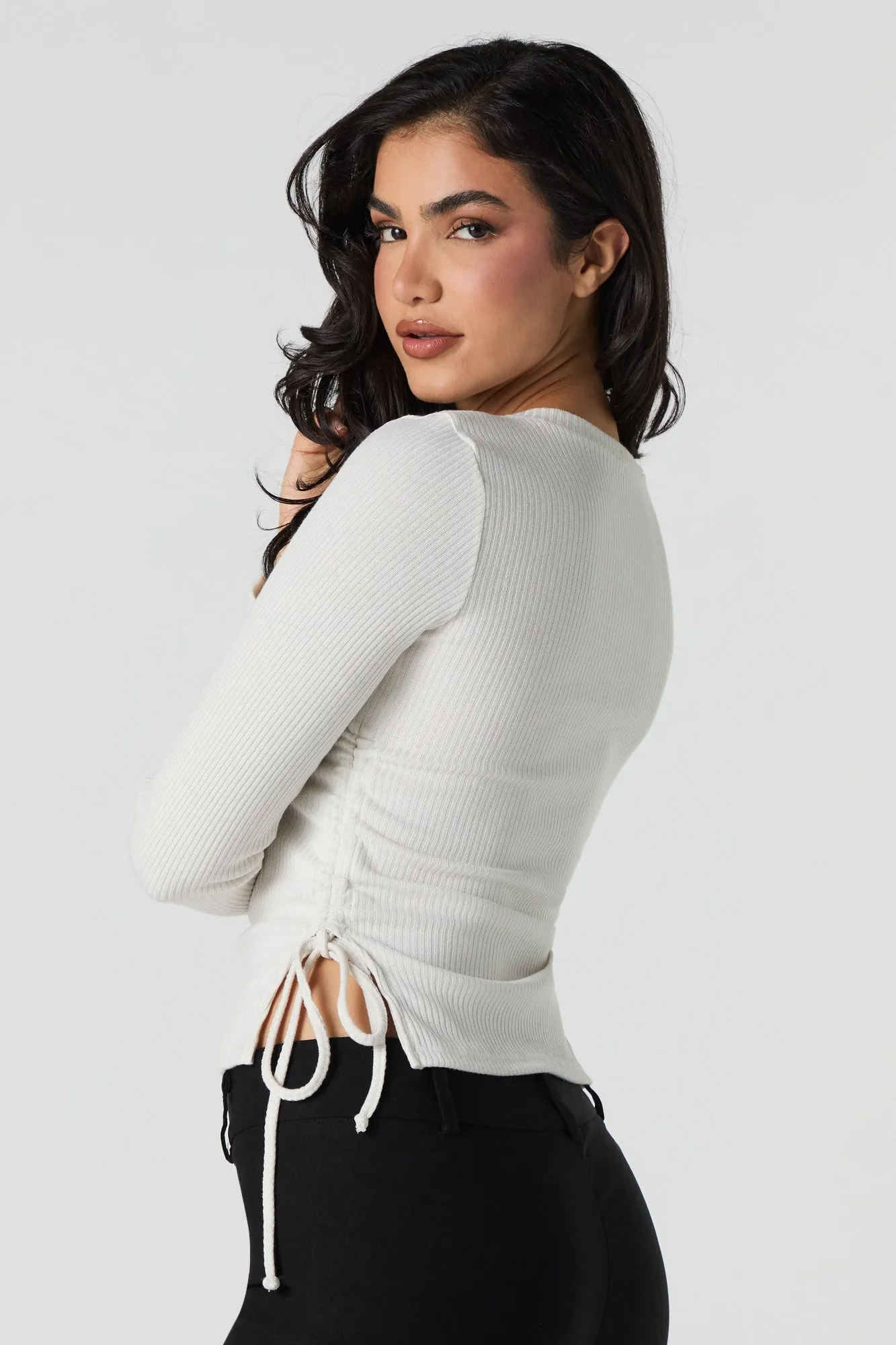 Ribbed Drawstring Side Long Sleeve Top sold by Urban Planet product image thumbnail 2