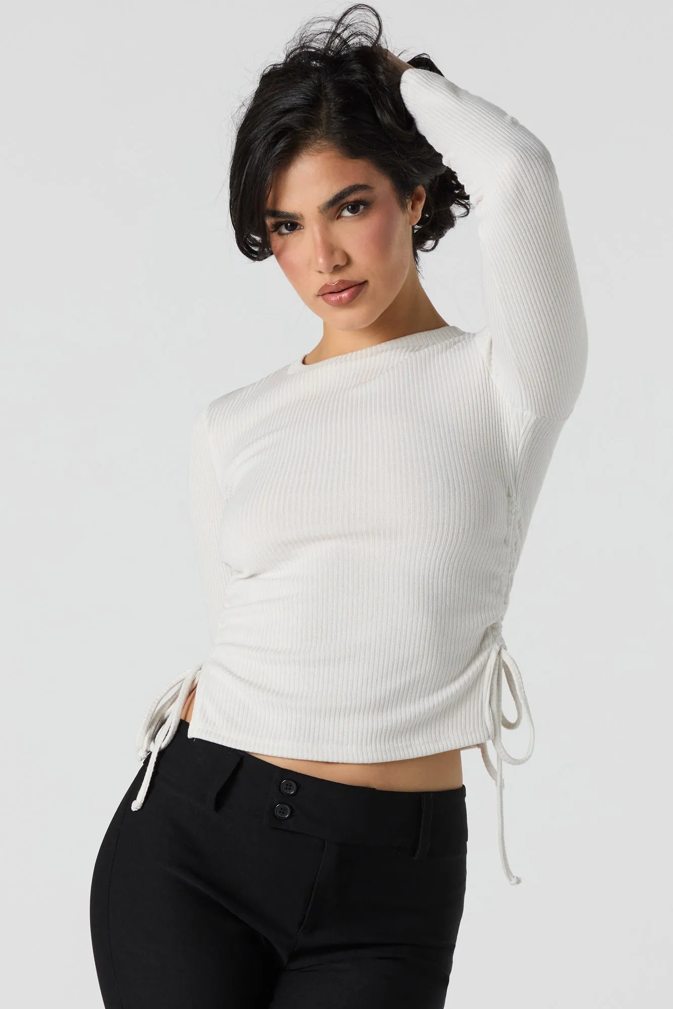 Ribbed Drawstring Side Long Sleeve Top sold by Urban Planet