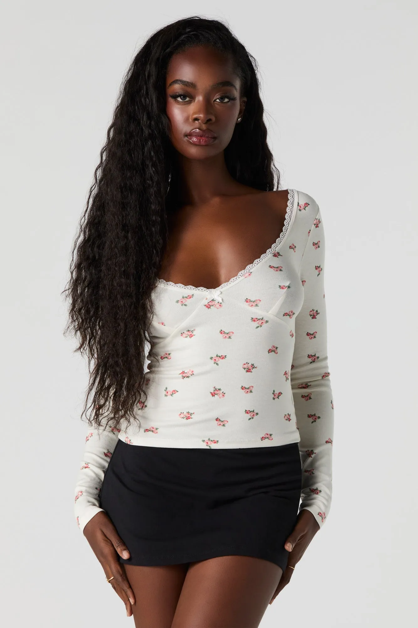 Lace Trim V-Neck Long Sleeve Top sold by Urban Planet product image thumbnail 5