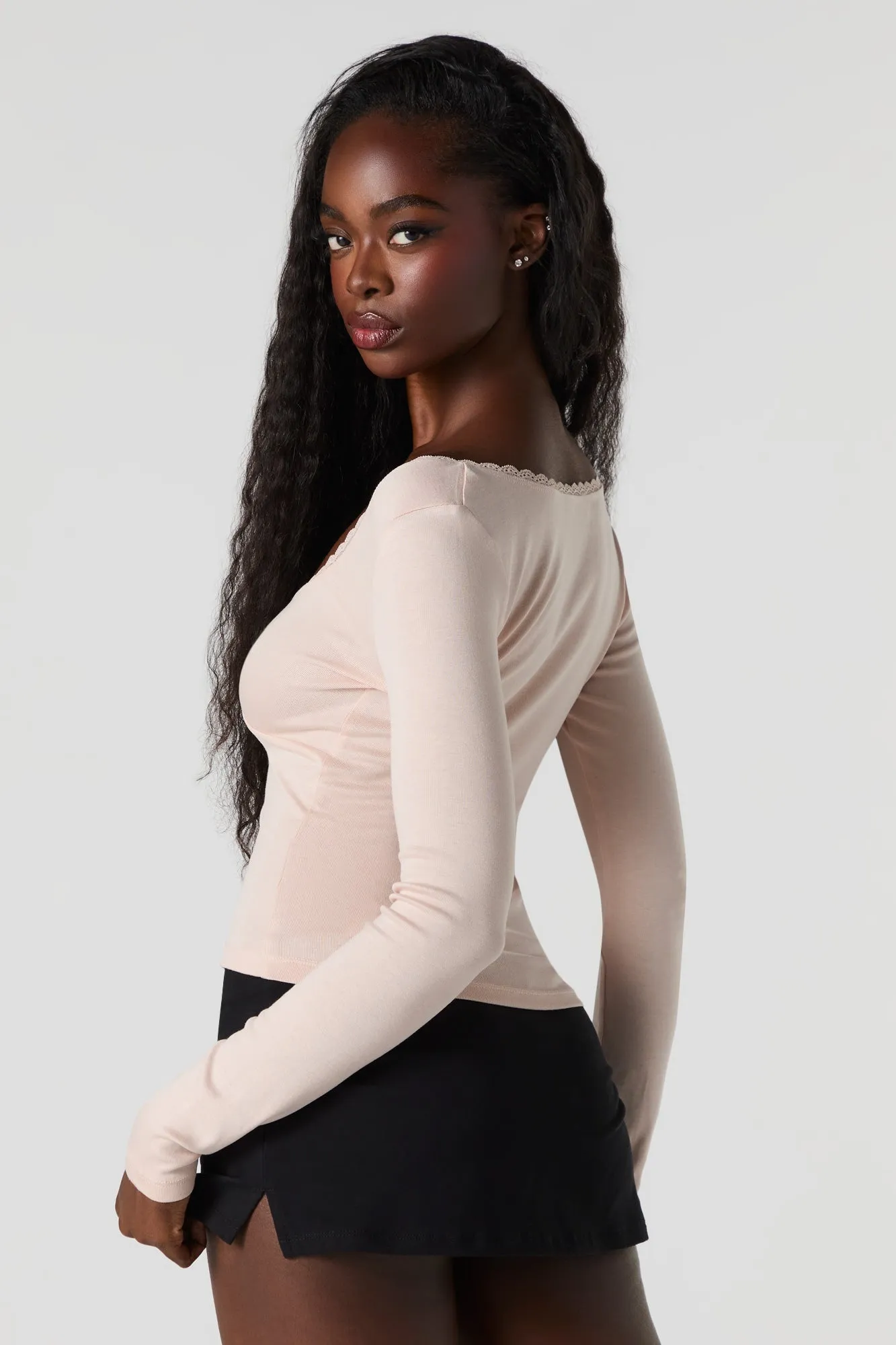 Lace Trim V-Neck Long Sleeve Top sold by Urban Planet product image thumbnail 2