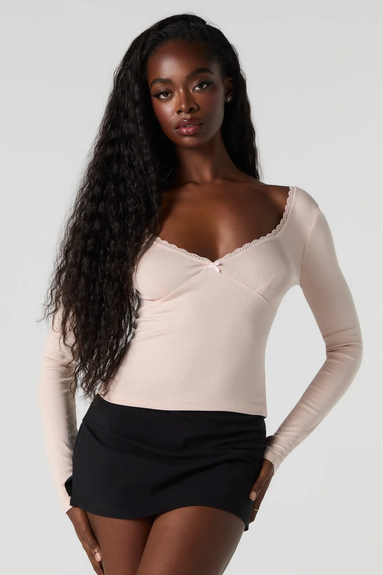 Lace Trim V-Neck Long Sleeve Top sold by Urban Planet product image thumbnail 4