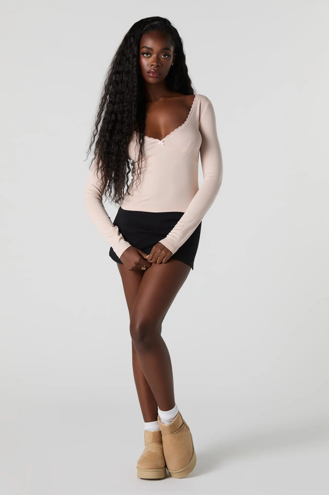 Lace Trim V-Neck Long Sleeve Top sold by Urban Planet product image thumbnail 3