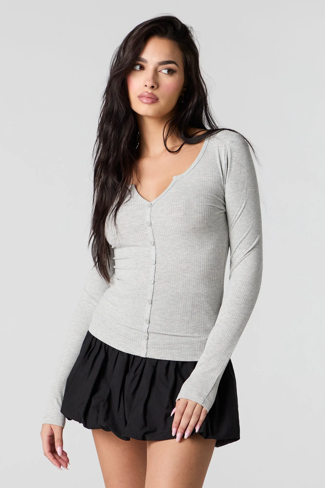 Ribbed Button-Up Long Sleeve Top sold by Urban Planet