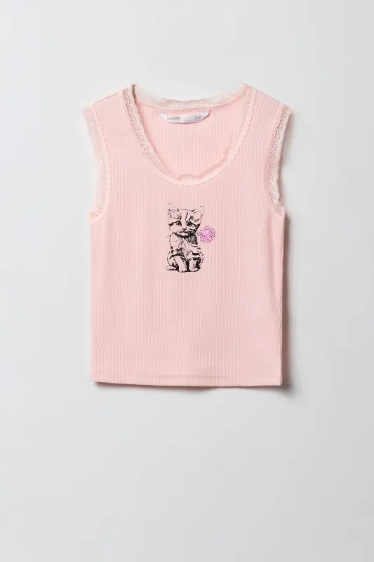 Girls Graphic Ribbed Lace Trim Tank sold by Urban Planet