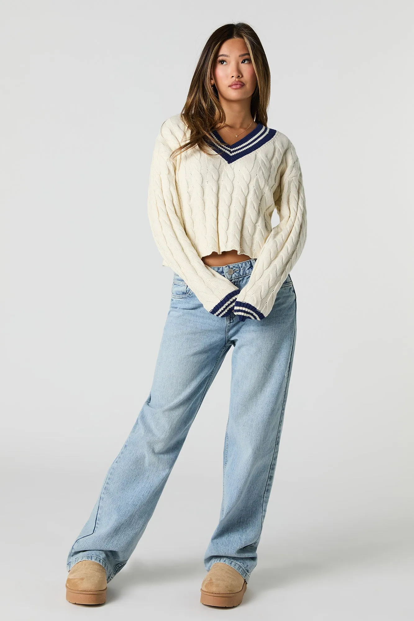 Cable Knit V-Neck Sweater sold by Urban Planet product image thumbnail 3