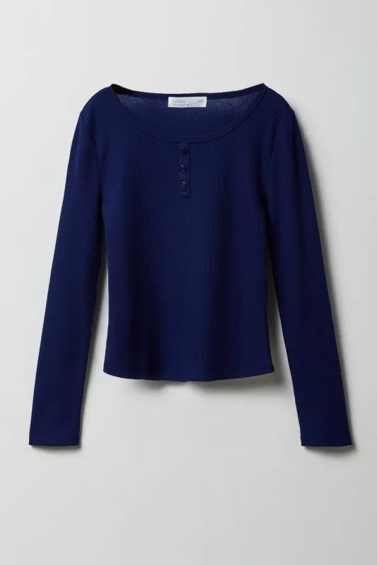 Girls Waffle Knit Henley Long Sleeve Top sold by Urban Planet
