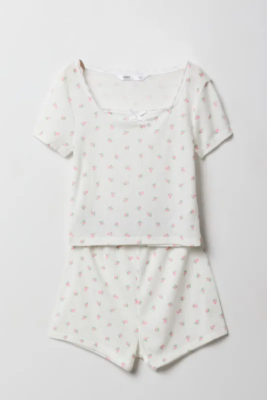 Girls Ditsy Print Ribbed Lace Trim Top & Short 2 Piece Pajama Set sold by Urban Planet