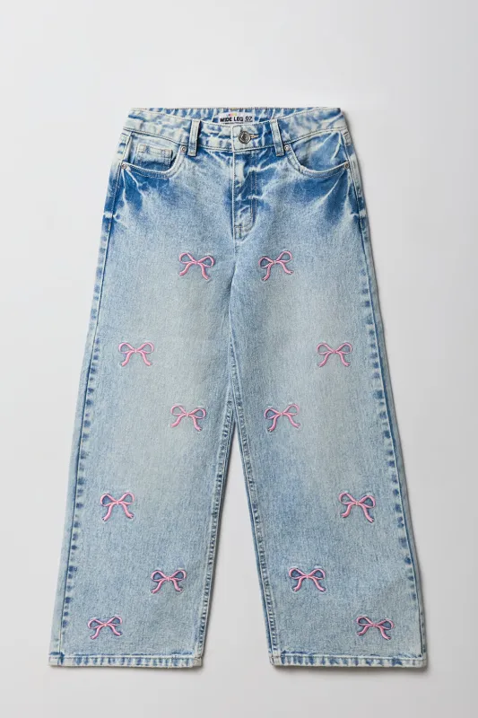 Jean mi-taille jambe large à broderie de boucle pour filles sold by Urban Planet