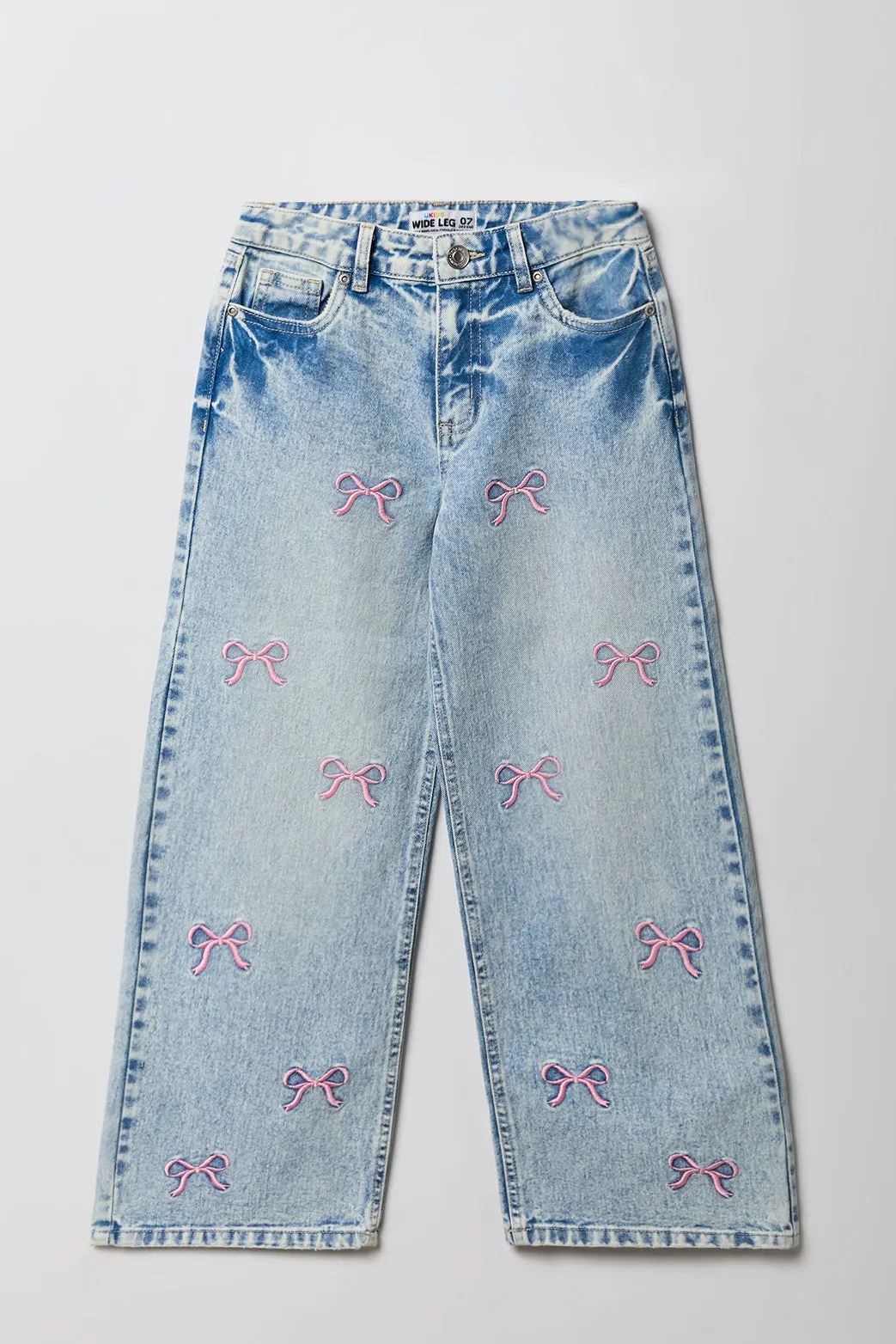 Jean mi-taille jambe large à broderie de boucle pour filles sold by Urban Planet