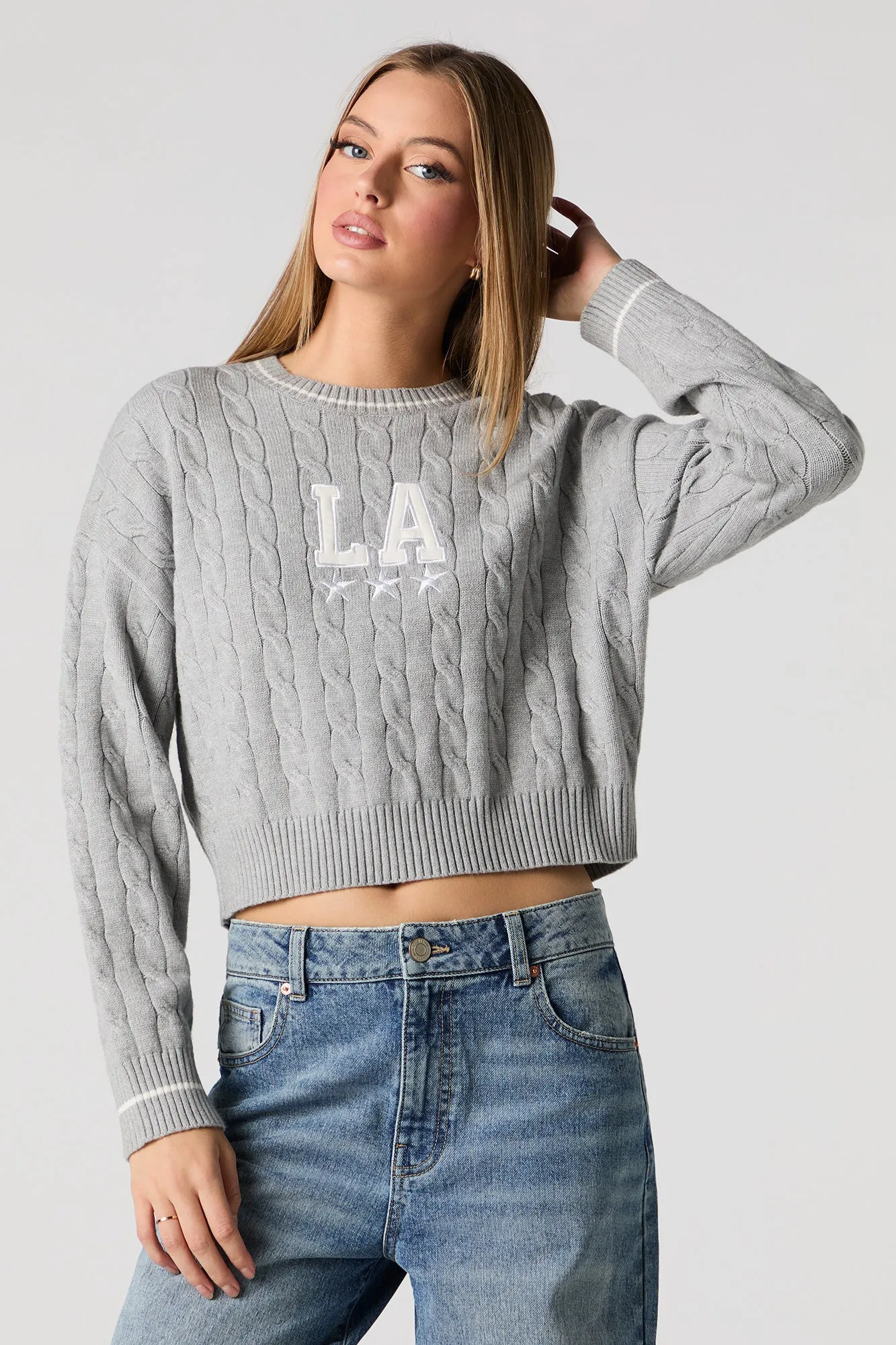Embroidered Cable Knit Sweater sold by Urban Planet product image thumbnail 4
