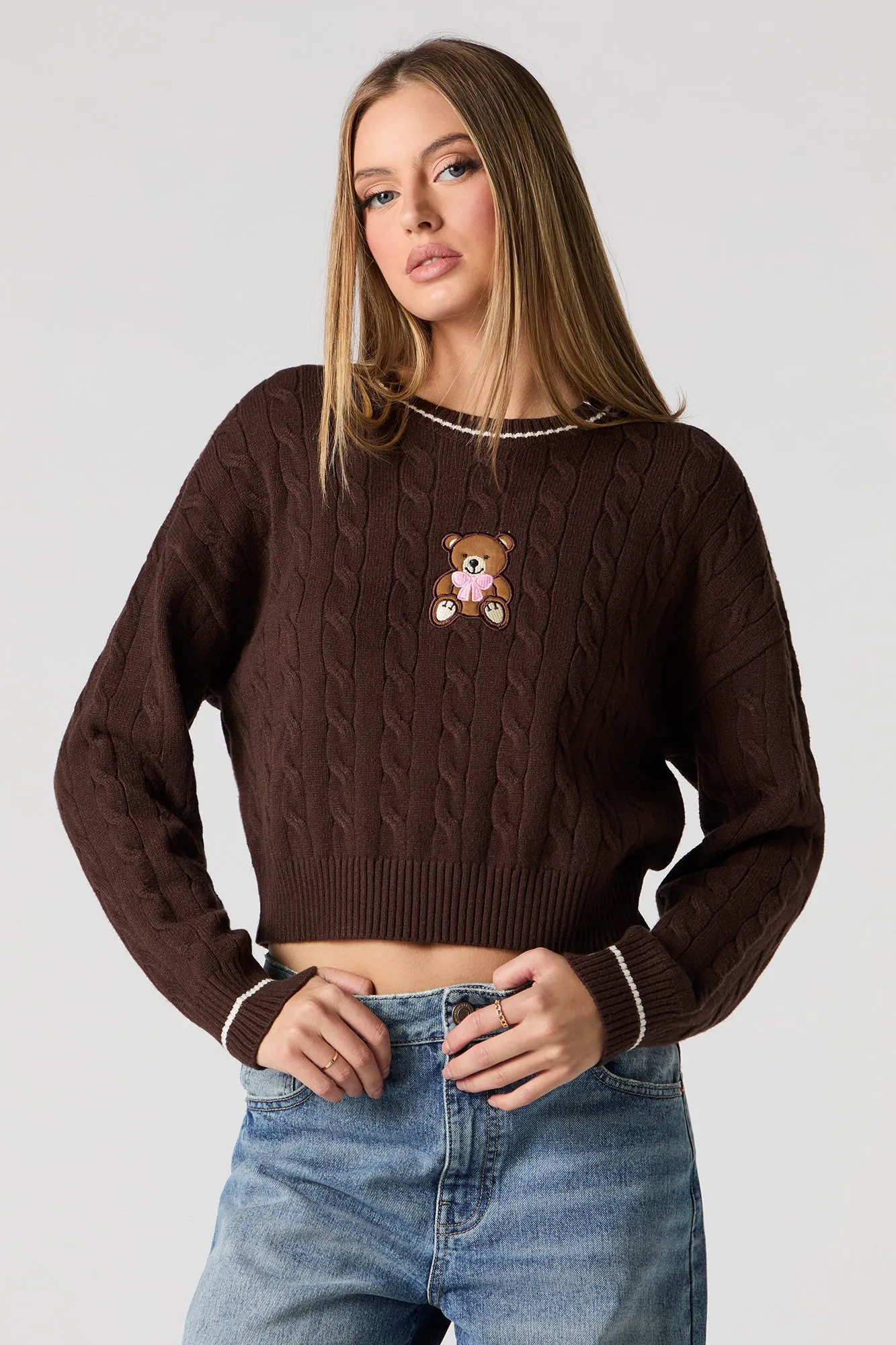 Embroidered Cable Knit Sweater sold by Urban Planet