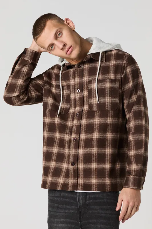 Plaid Flannel Button-Up Top with Hood sold by Urban Planet