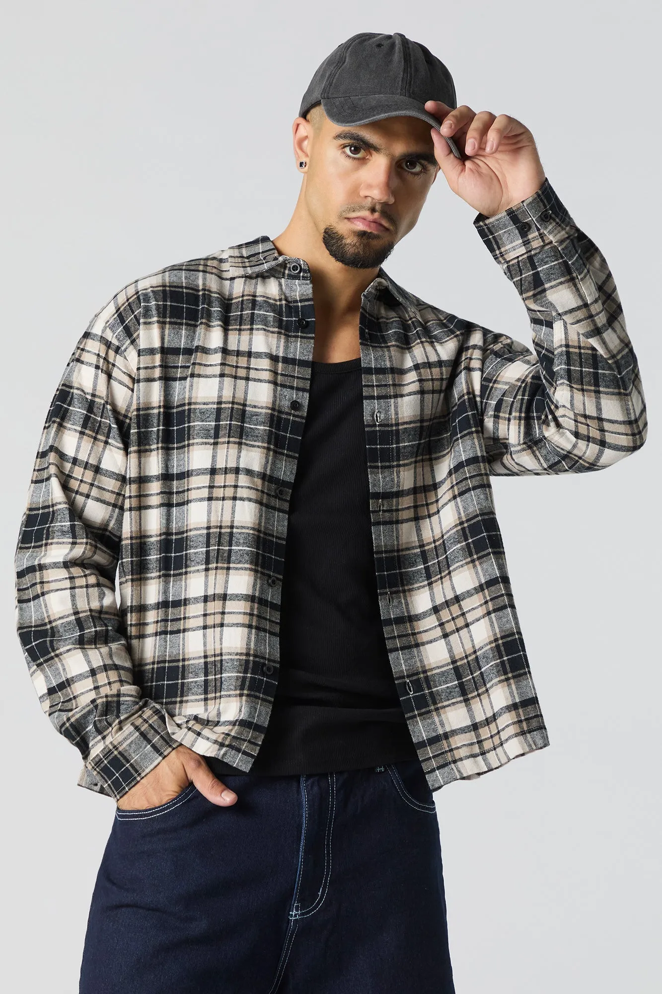 Plaid Flannel Boxy Button-Up Top sold by Urban Planet