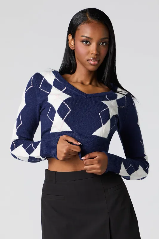 Cropped V-Neck Argyle Sweater sold by Urban Planet