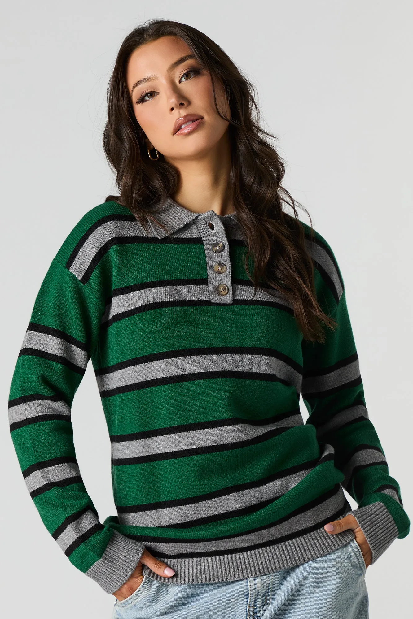 Knit Button-Up Collared Long Sleeve Top sold by Urban Planet