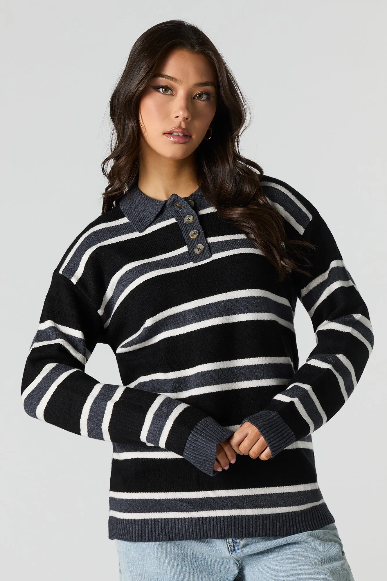 Knit Button-Up Collared Long Sleeve Top sold by Urban Planet product image thumbnail 4