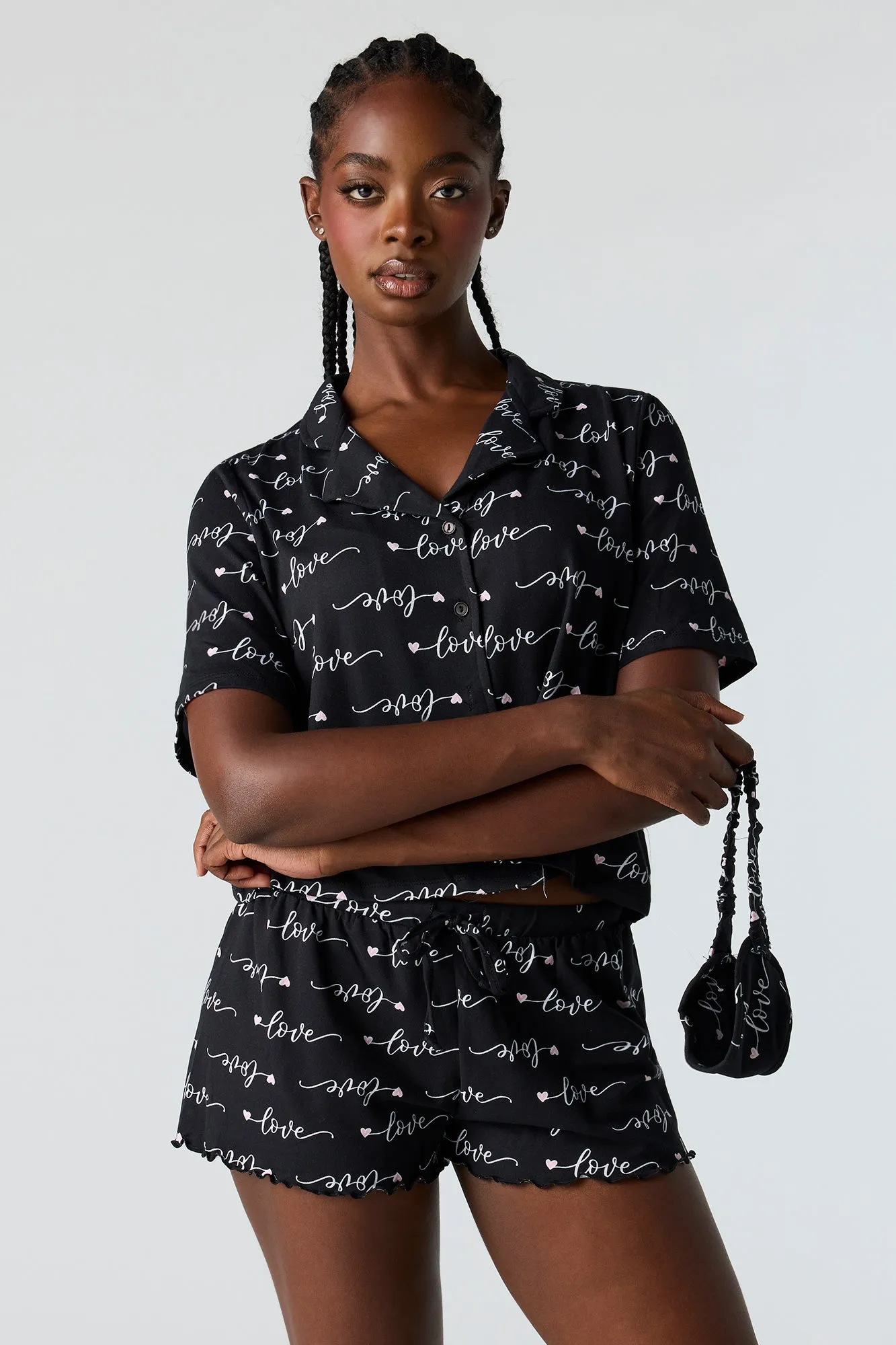 Button-Up Top & Short & Eye Mask Pajama Set sold by Urban Planet product image thumbnail 4