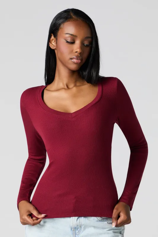 Classic Ribbed V-Neck Long Sleeve Top sold by Urban Planet