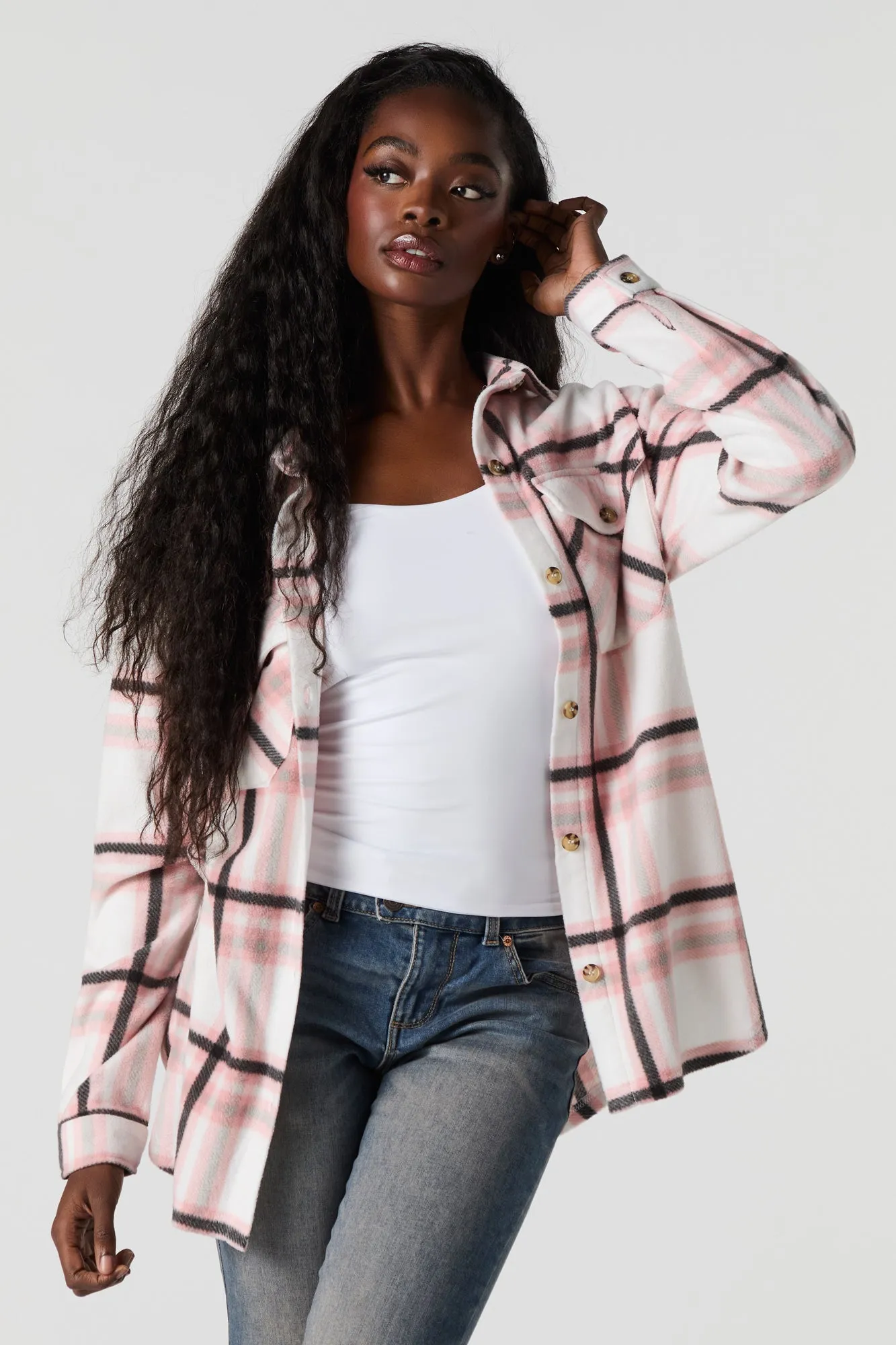 Plaid Fleece Shacket sold by Urban Planet