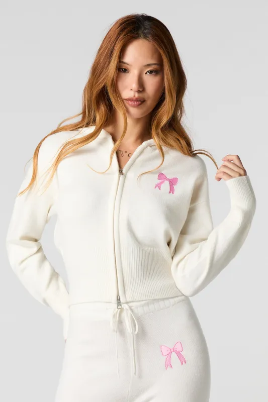 Embroidered Zip-Up Knit Hoodie sold by Urban Planet