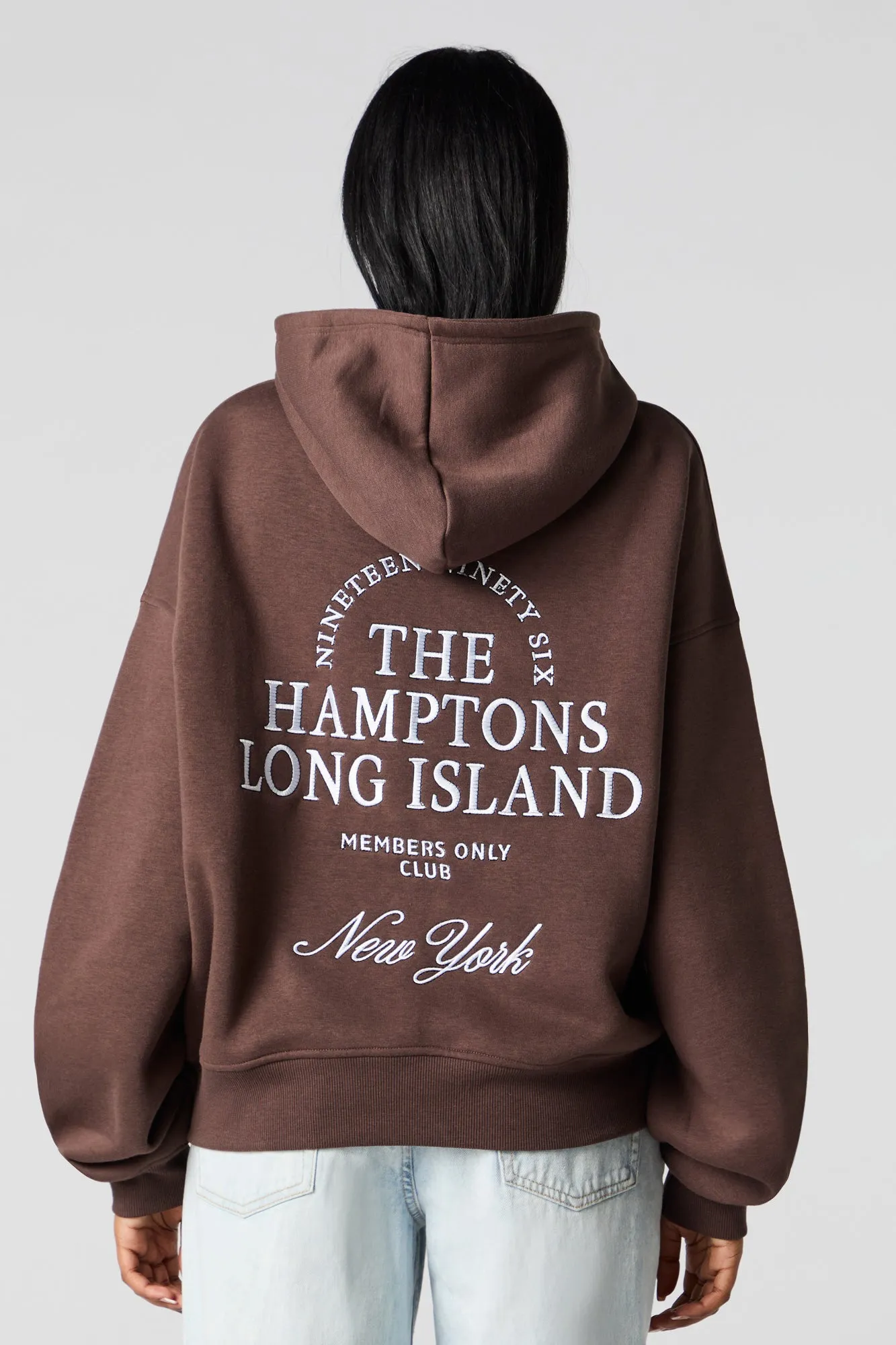 The Hamptons Embroidered Boxy Fleece Hoodie sold by Urban Planet