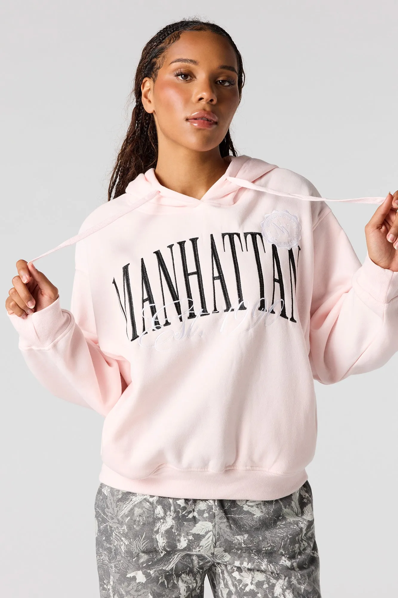 Manhattan Embroidered Fleece Boxy Hoodie sold by Urban Planet