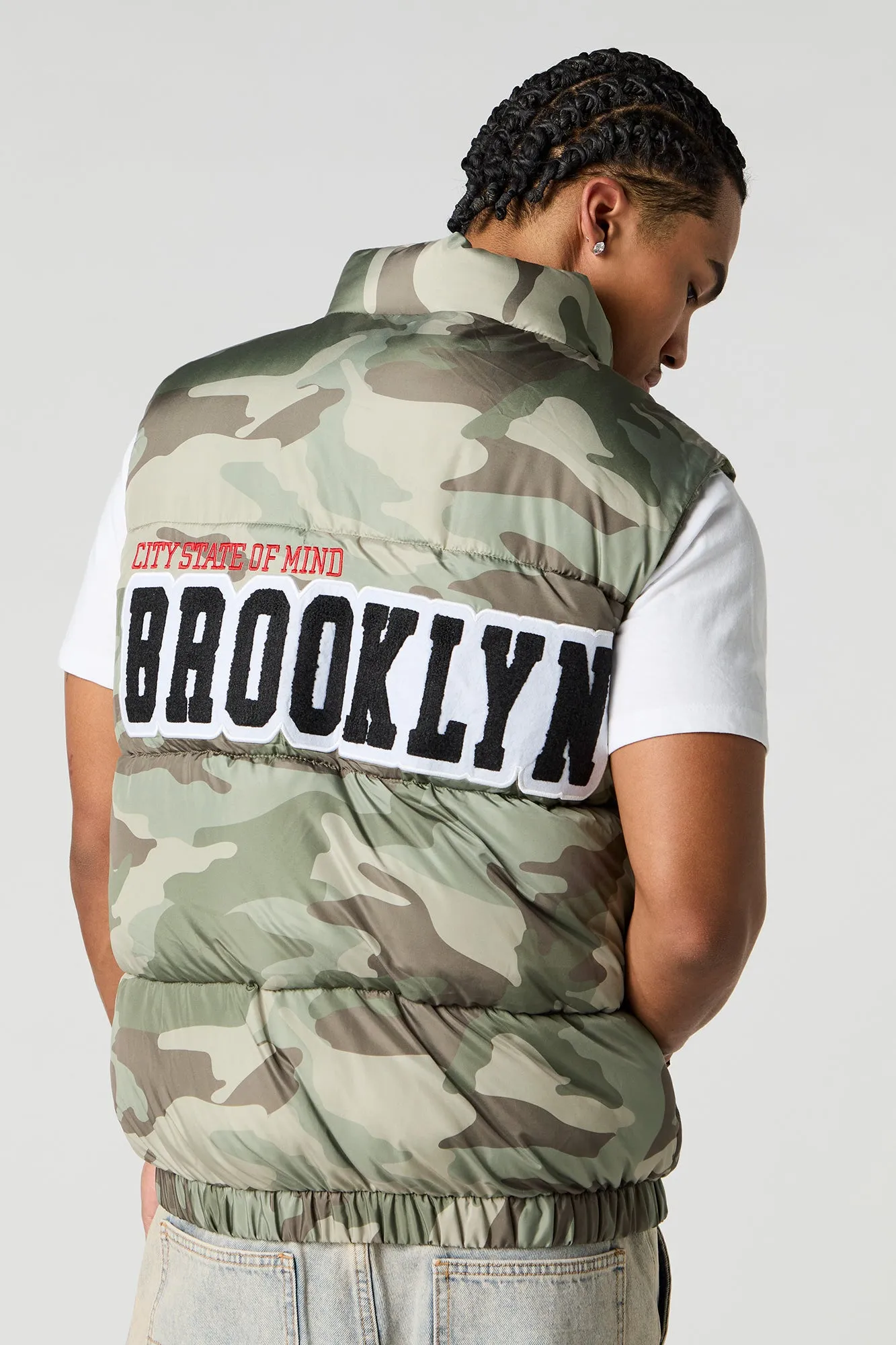 City Chenille Embroidered Puffer Vest sold by Urban Planet