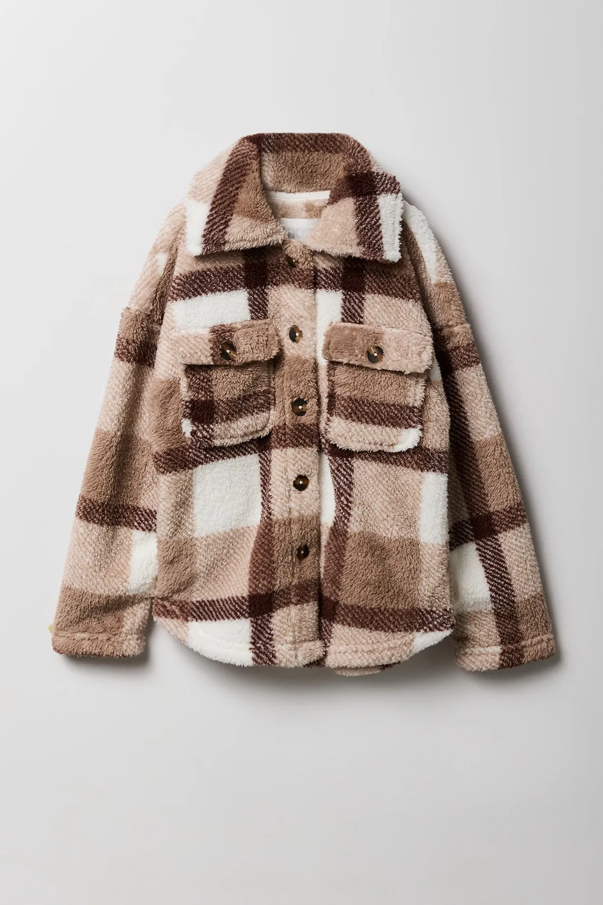 Girls Plaid Sherpa Shacket sold by Urban Planet