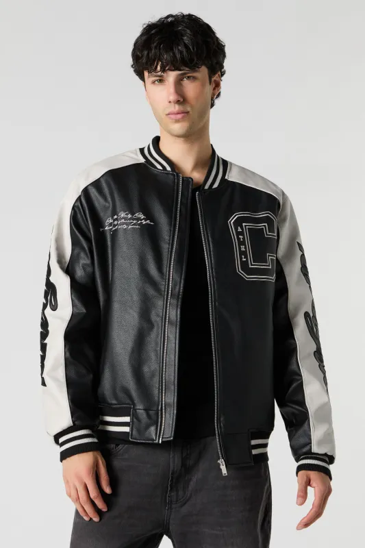 Faux-Leather Twill Embroidered Varsity Jacket sold by Urban Planet