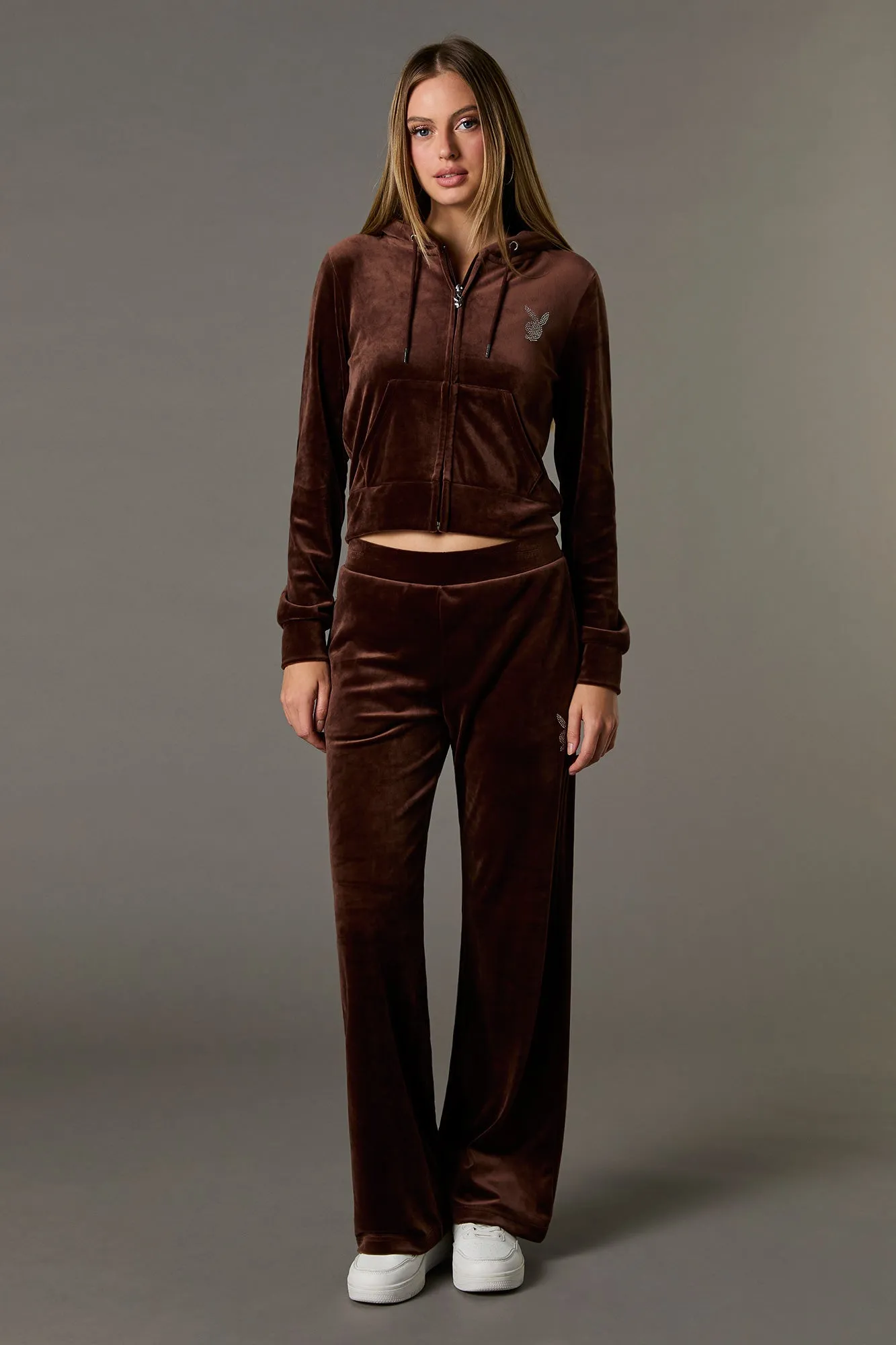 Pantalon à jambe large en velours avec Playboy en pierres du Rhin sold by Urban Planet product image thumbnail 5