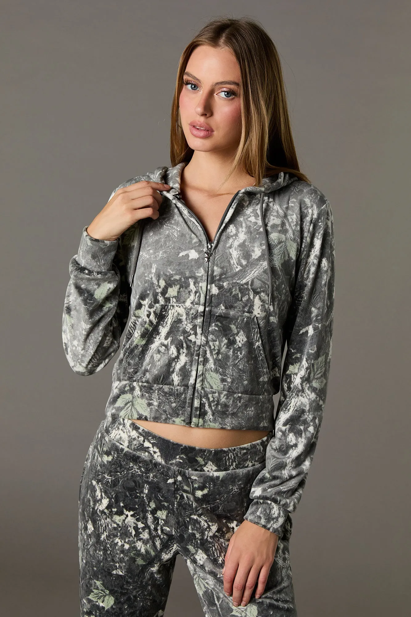Playboy Rhinestone Velour Zip-Up Hoodie sold by Urban Planet