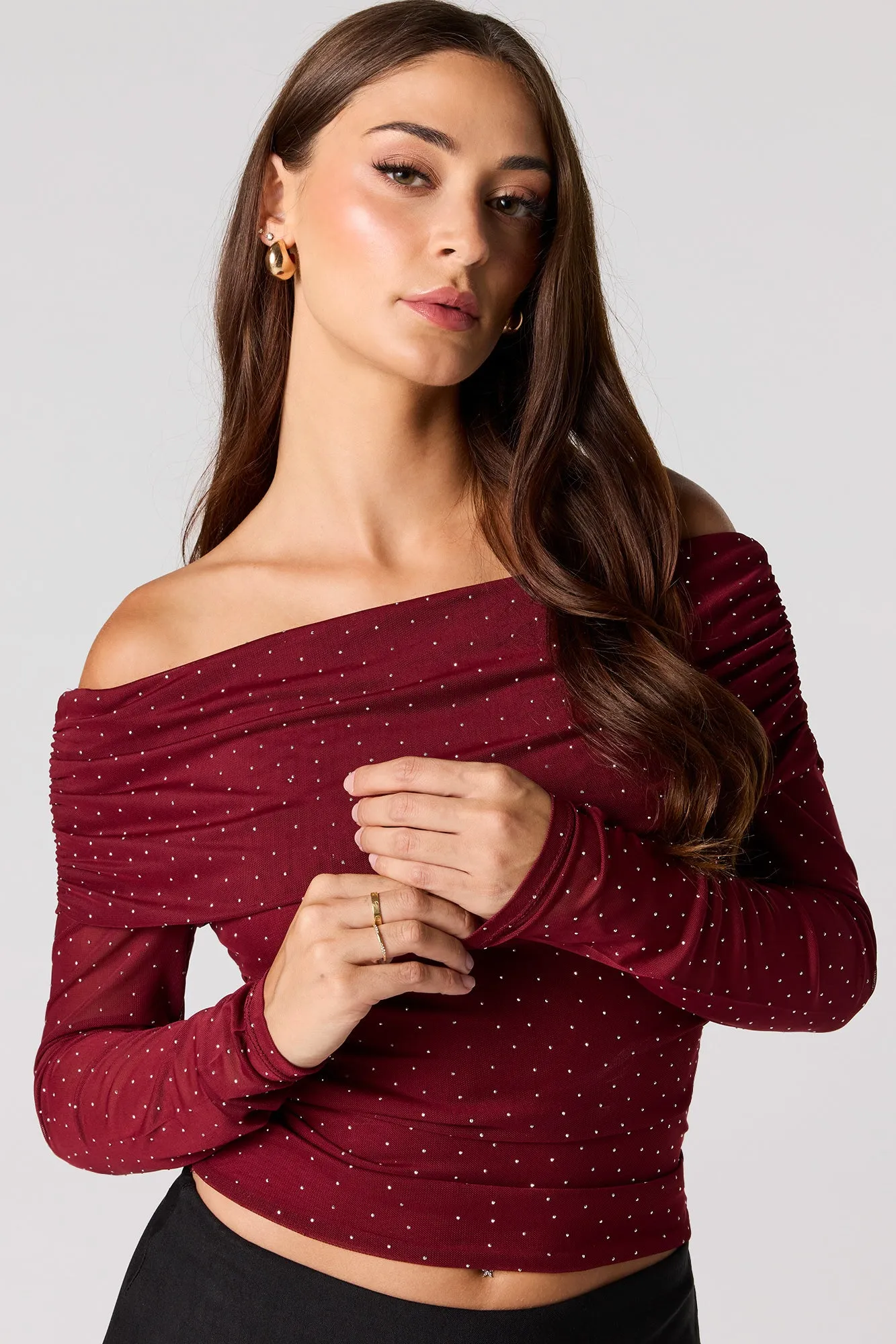 Rhinestone Mesh Off Shoulder Top sold by Urban Planet