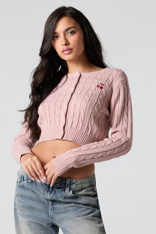 Embroidered Cable Knit Cropped Cardigan sold by Urban Planet