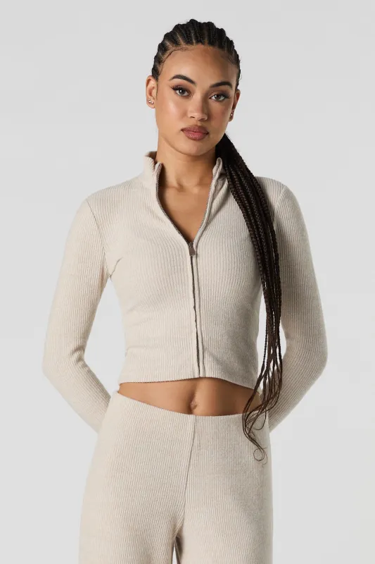 Ribbed Knit Zip-Up Long Sleeve Top sold by Urban Planet