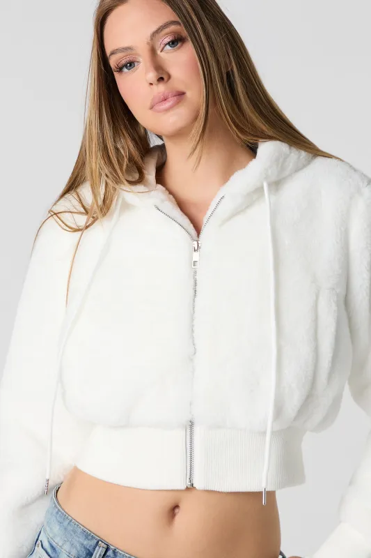 Faux-Fur Zip-Up Cropped Hooded Jacket sold by Urban Planet
