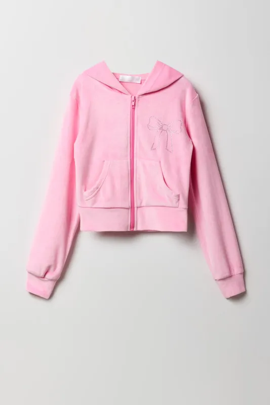 Girls Rhinestone Velour Zip-Up Hoodie sold by Urban Planet