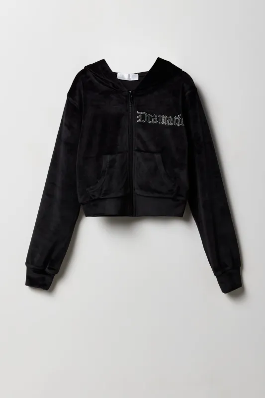 Haut à capuchon en velours avec pierres du Rhin et fermeture à glissière pour fille sold by Urban Planet