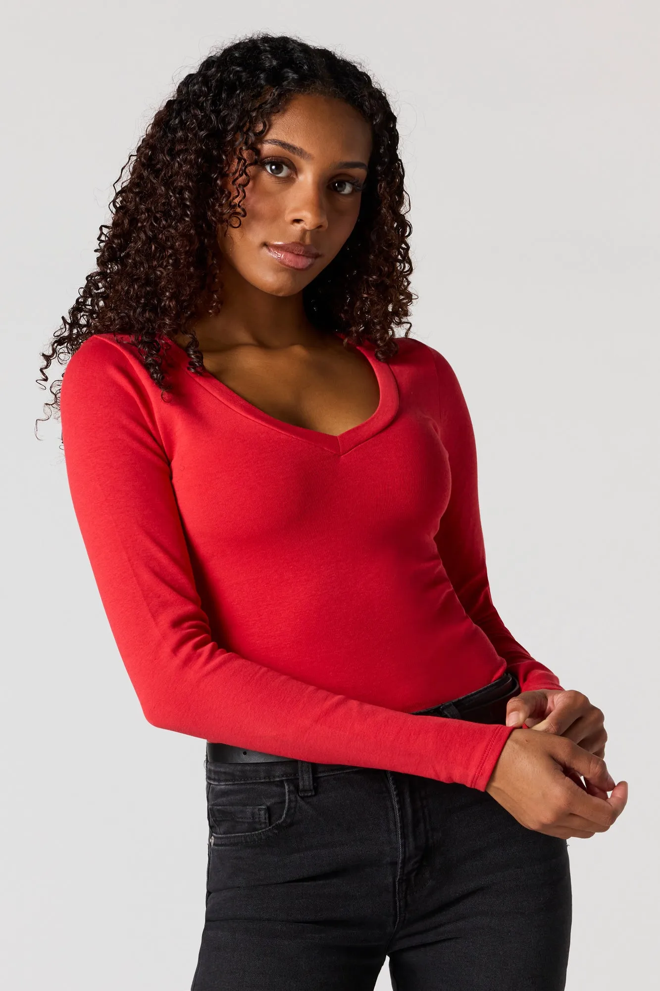 Ribbed V-Neck Long Sleeve Top sold by Urban Planet