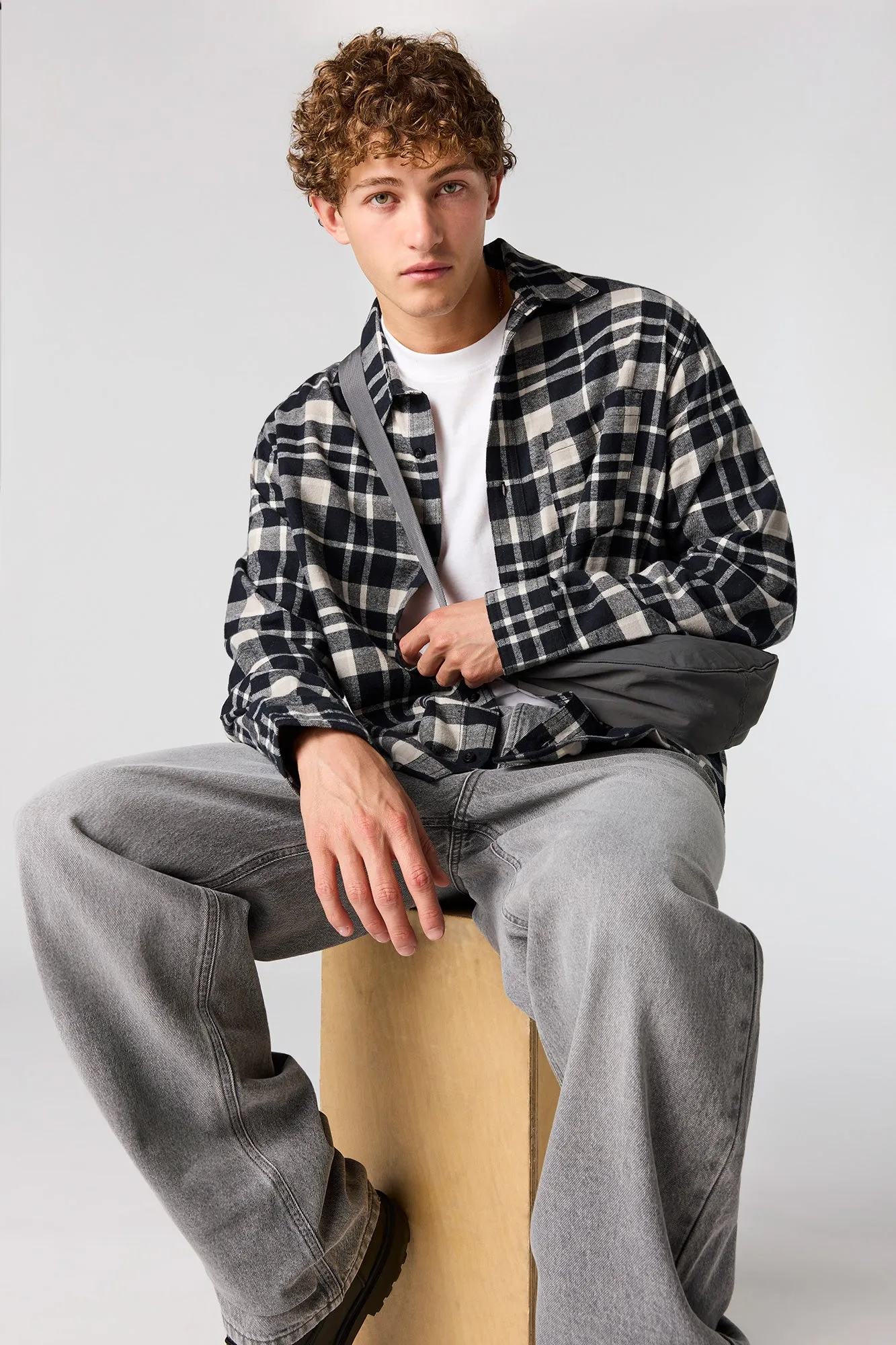 Boxy Flannel Button-Up Top sold by Urban Planet