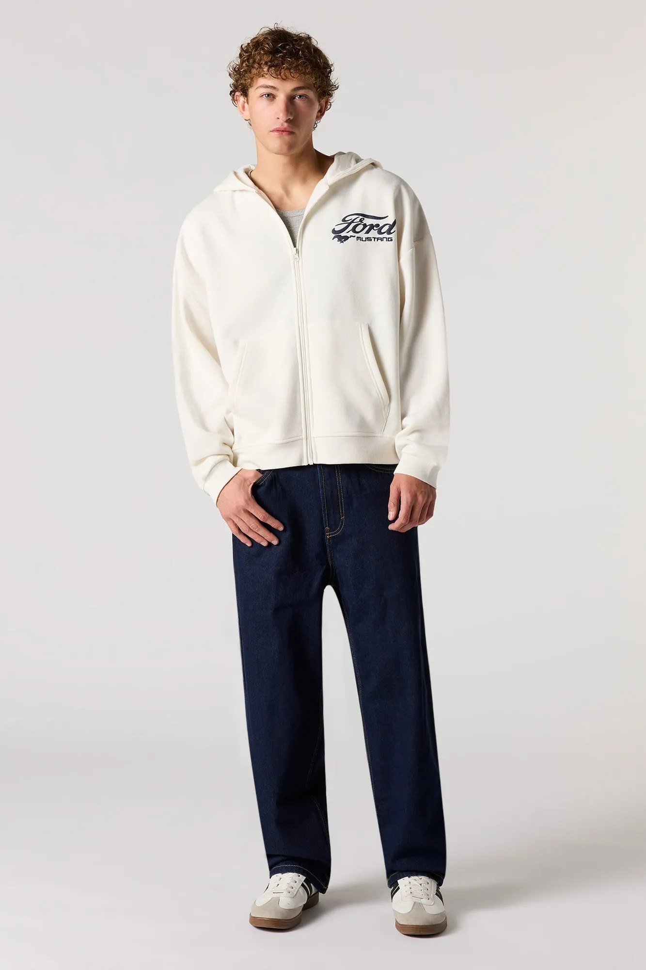 Ford Embroidered & Puffed Print Fleece Zip-Up Boxy Hoodie sold by Urban Planet product image thumbnail 3