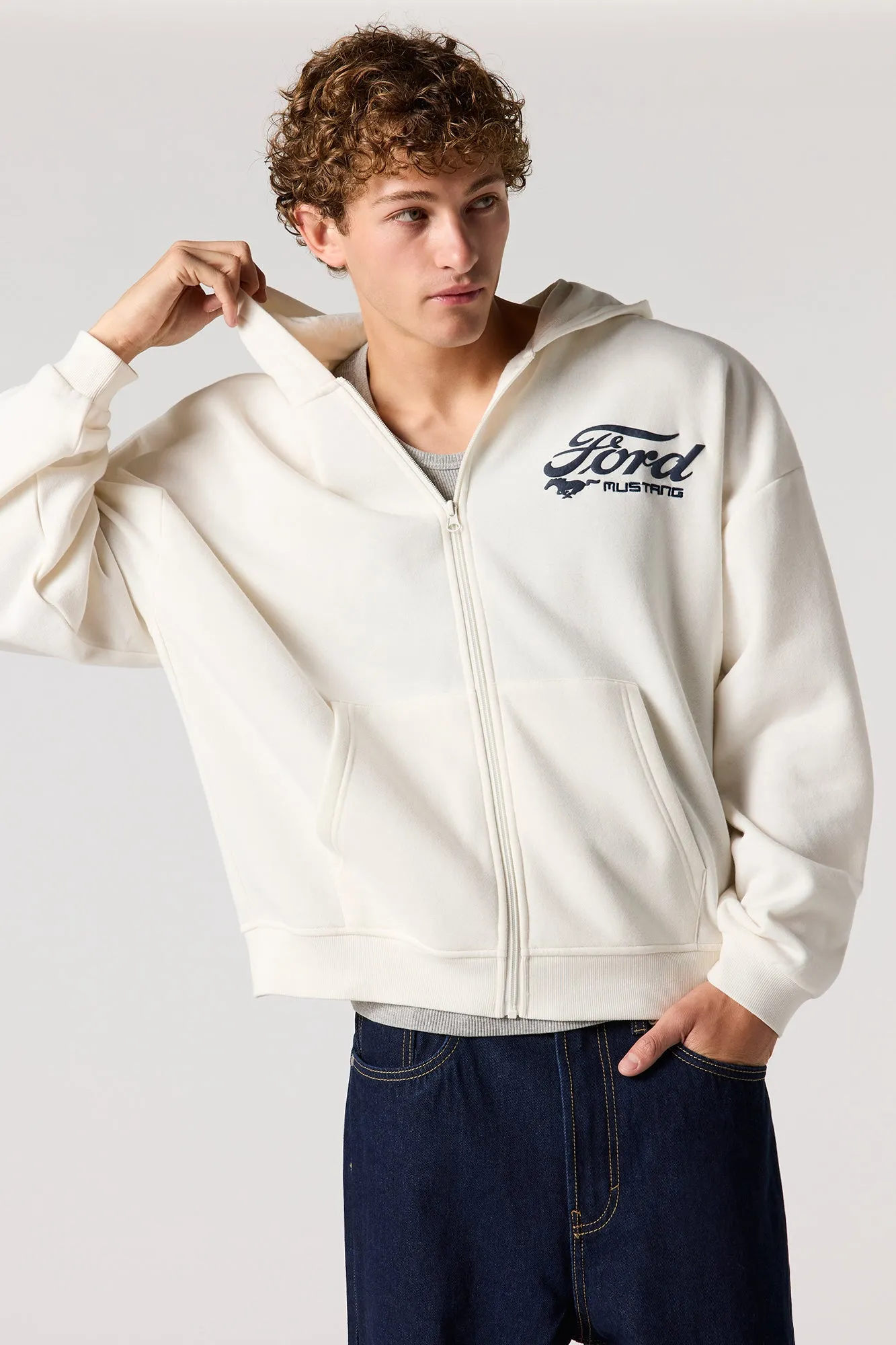 Ford Embroidered & Puffed Print Fleece Zip-Up Boxy Hoodie sold by Urban Planet product image thumbnail 2