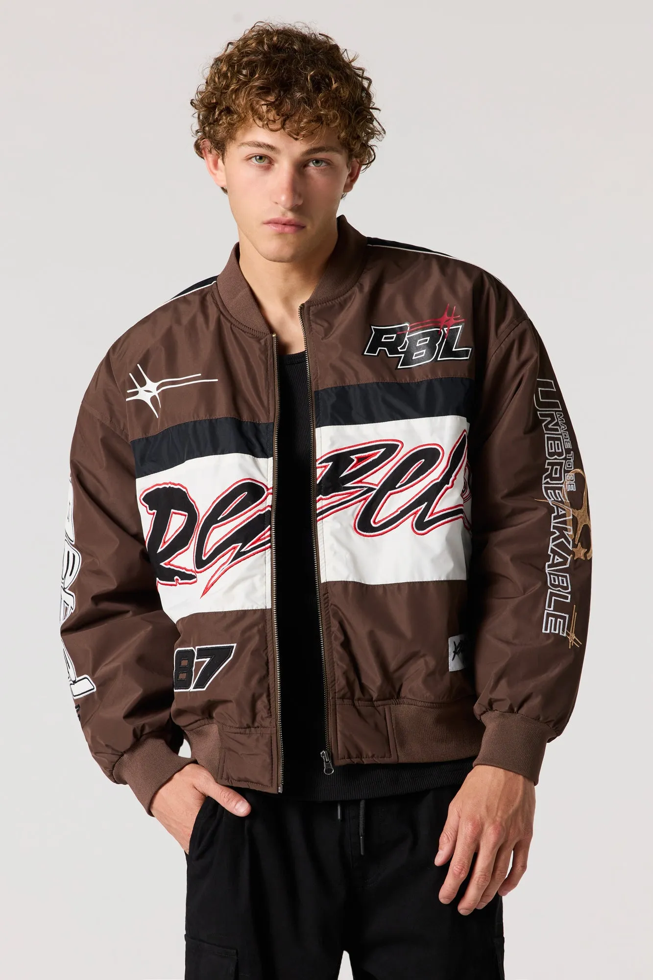 Rebel Embroidered Colourblock Racing Bomber Jacket sold by Urban Planet