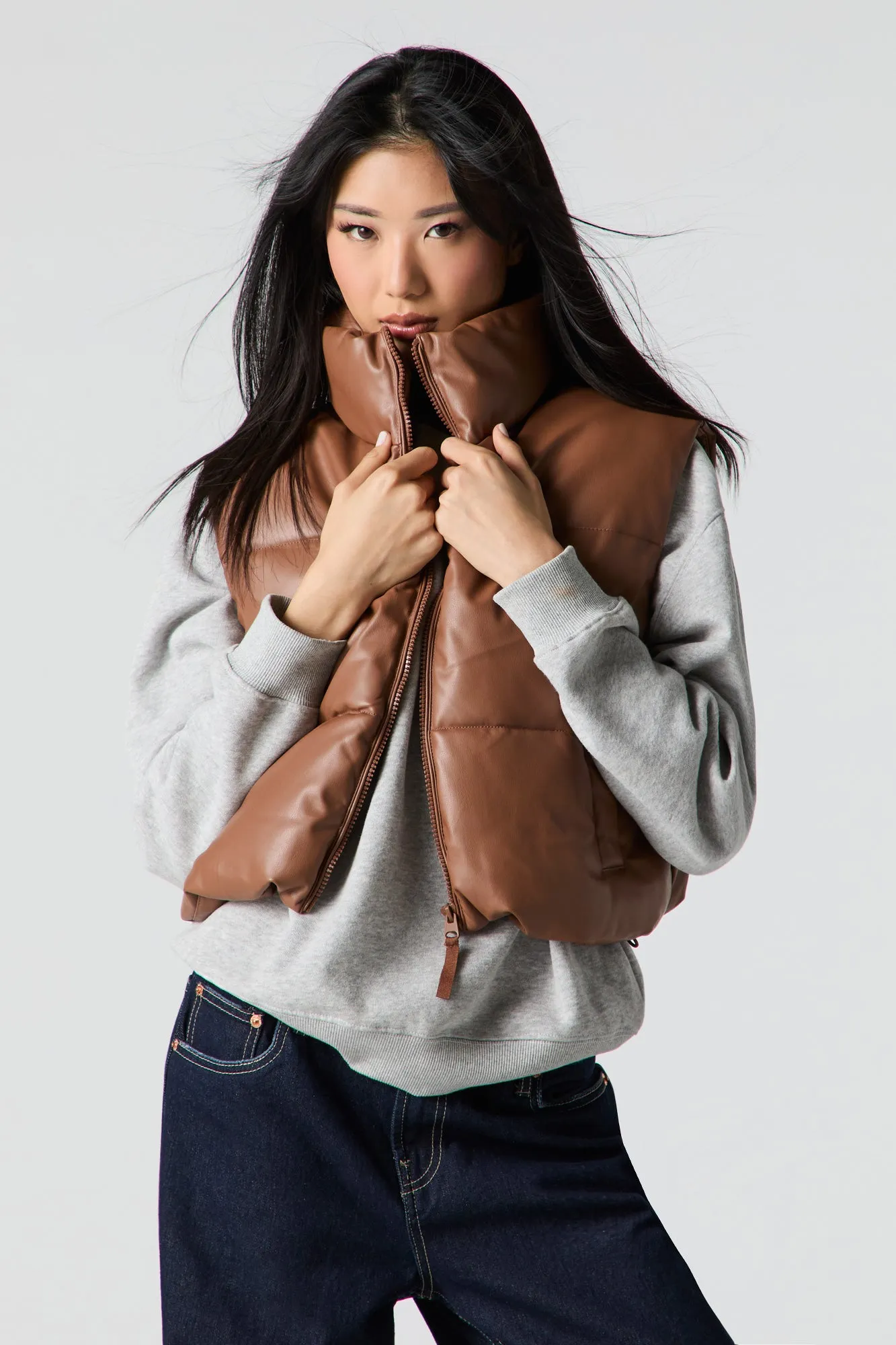 Faux Leather High Neck Puffer Vest sold by Urban Planet