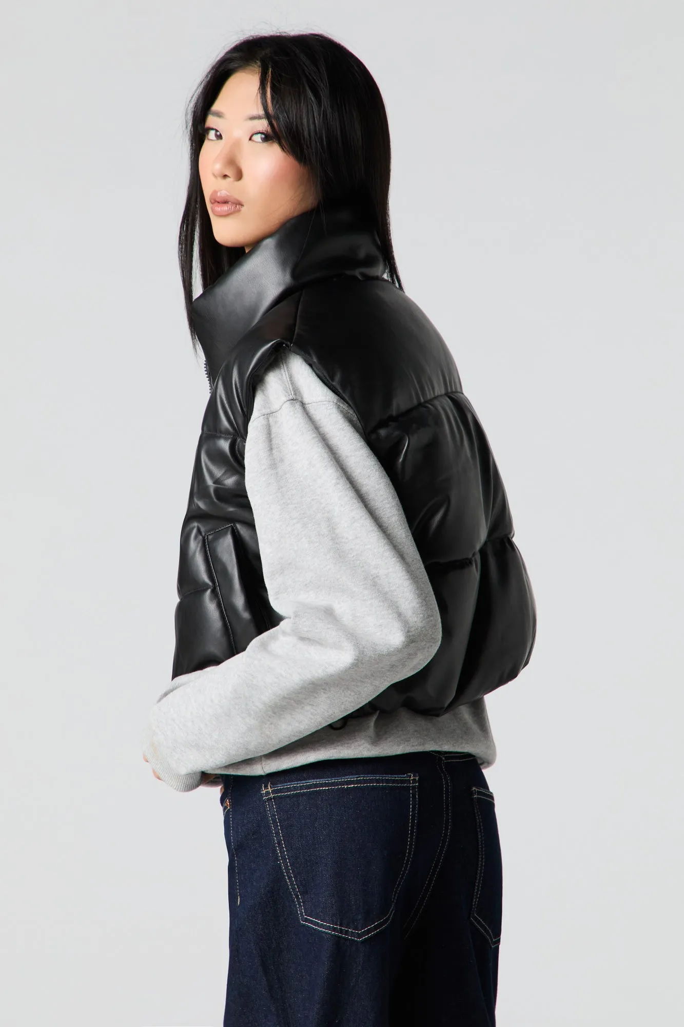 Faux Leather High Neck Puffer Vest sold by Urban Planet product image thumbnail 5