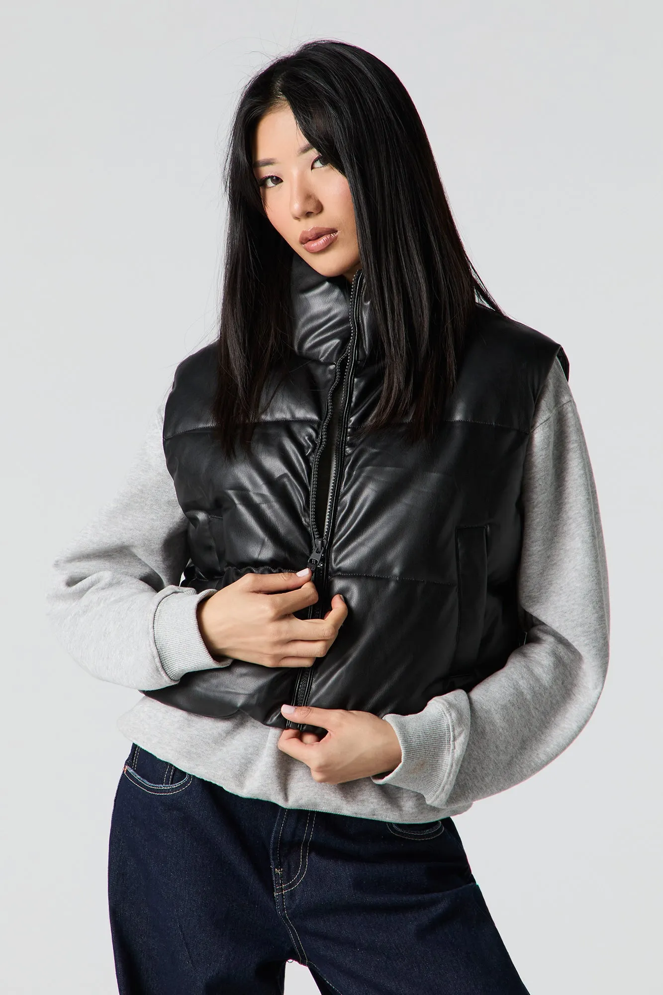 Faux Leather High Neck Puffer Vest sold by Urban Planet product image thumbnail 4