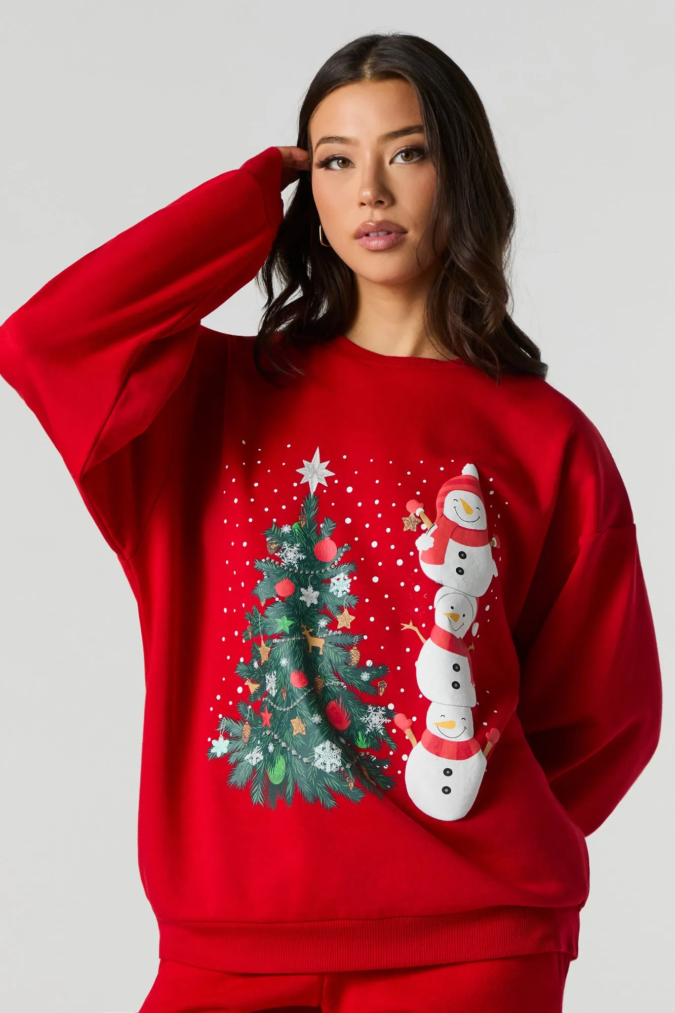 Christmas Tree & Snowmen Graphic Fleece Sweatshirt sold by Urban Planet