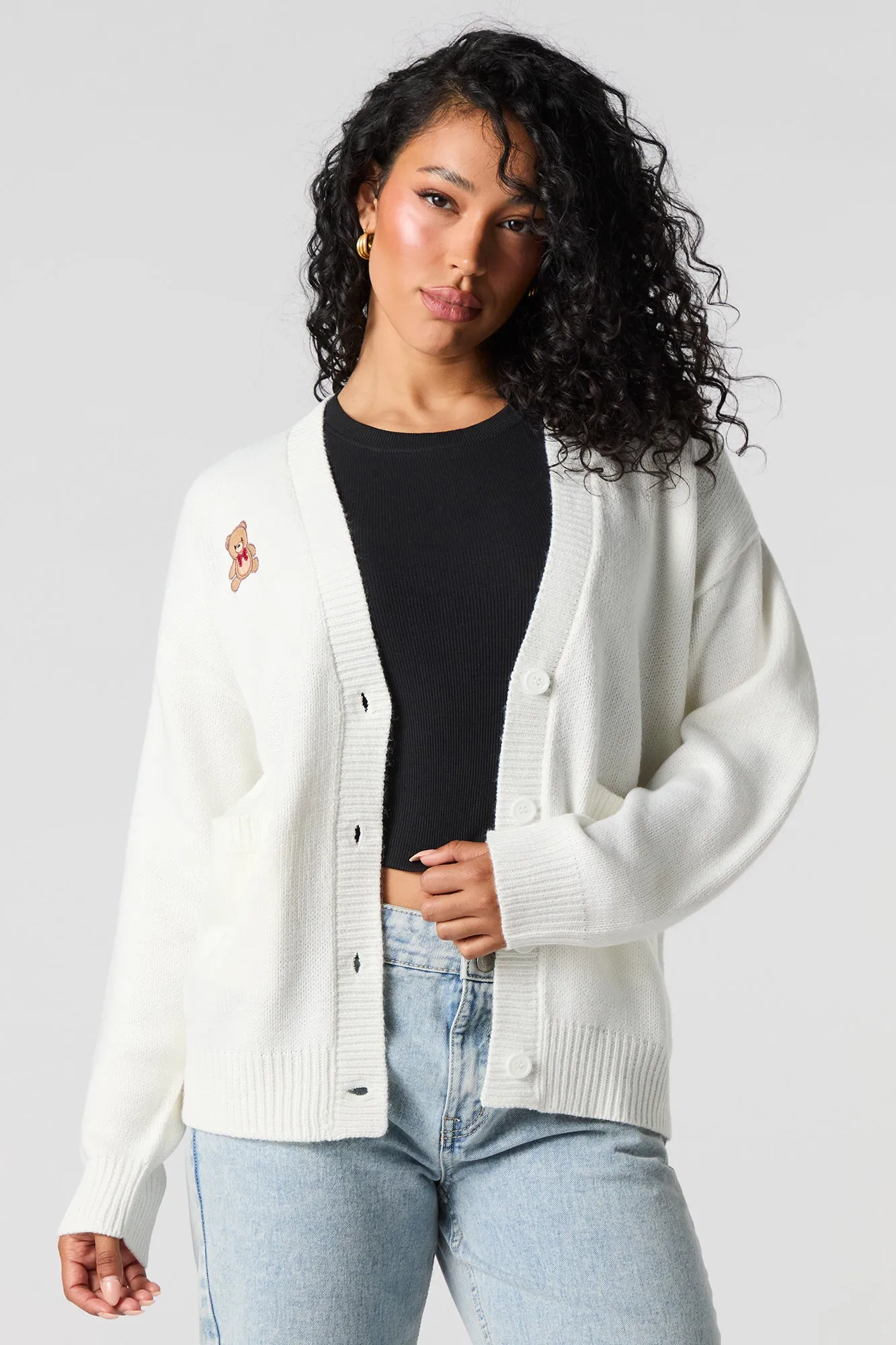 Embroidered Teddy Button-Up Knit Cardigan sold by Urban Planet