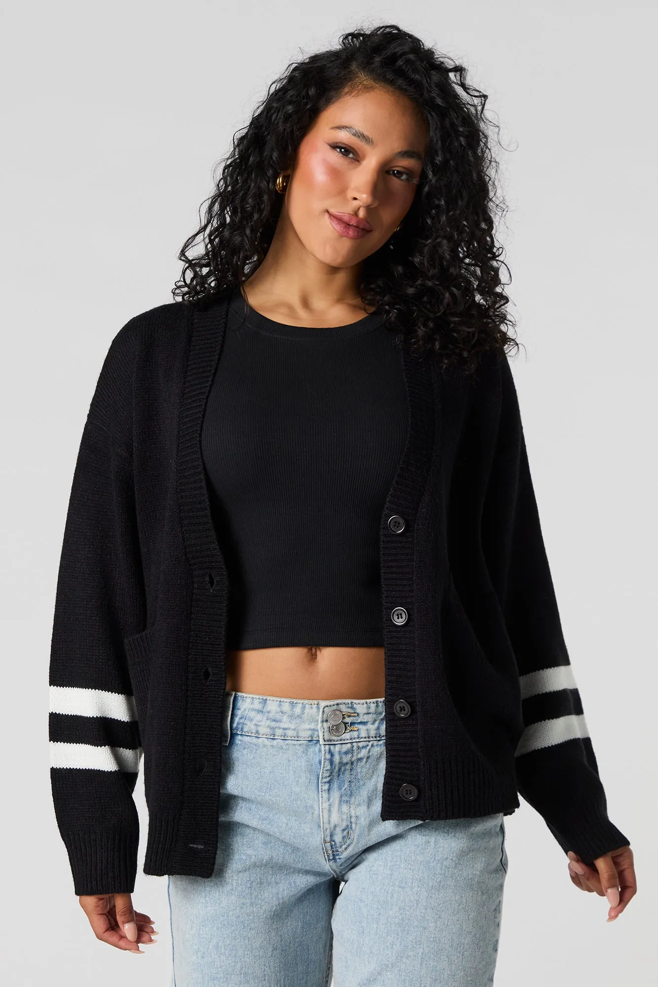 Jacquard Knit Striped Sleeve Cardigan sold by Urban Planet