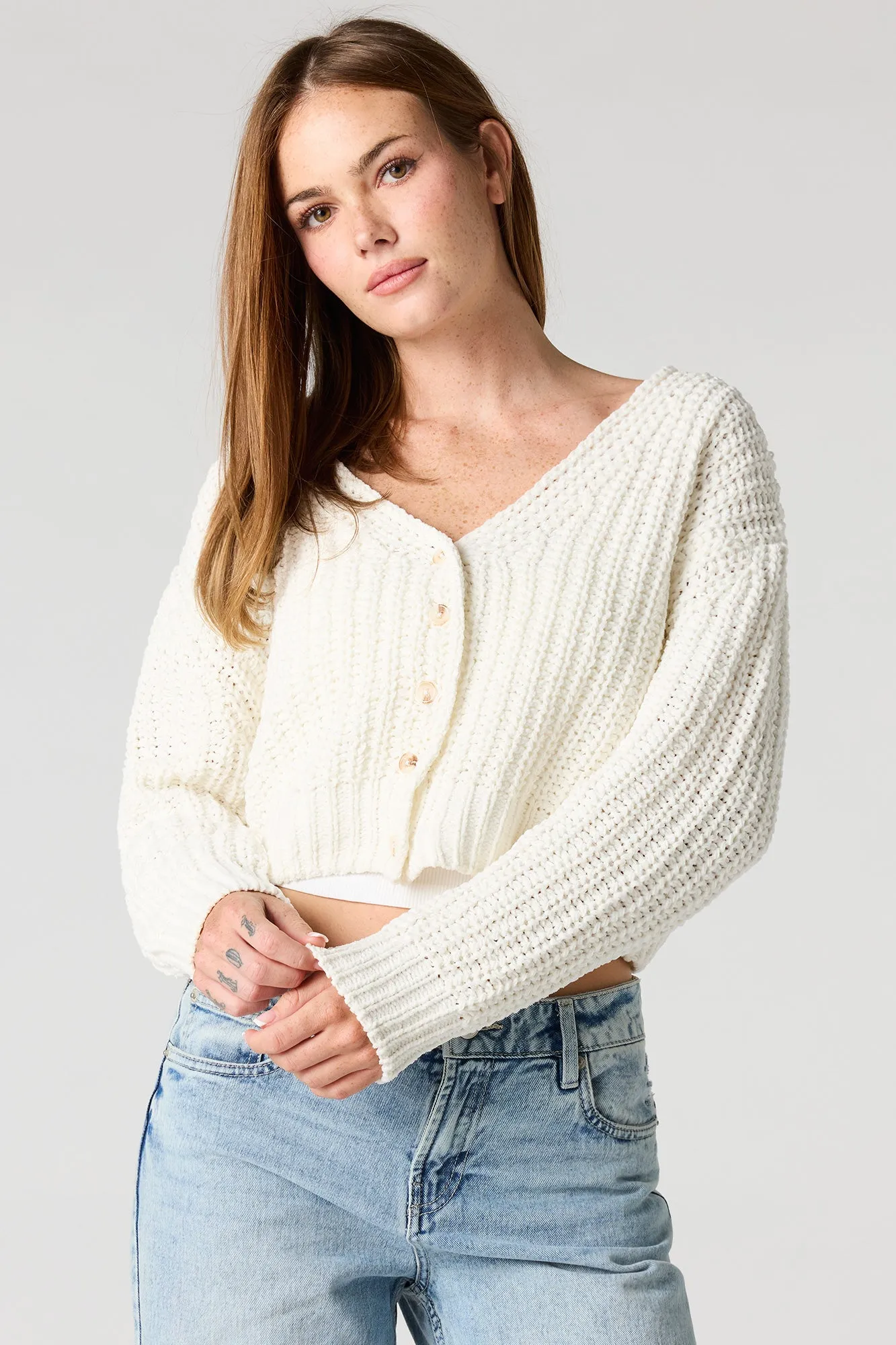 Sweater-Knit Button-Up Cardigan sold by Urban Planet