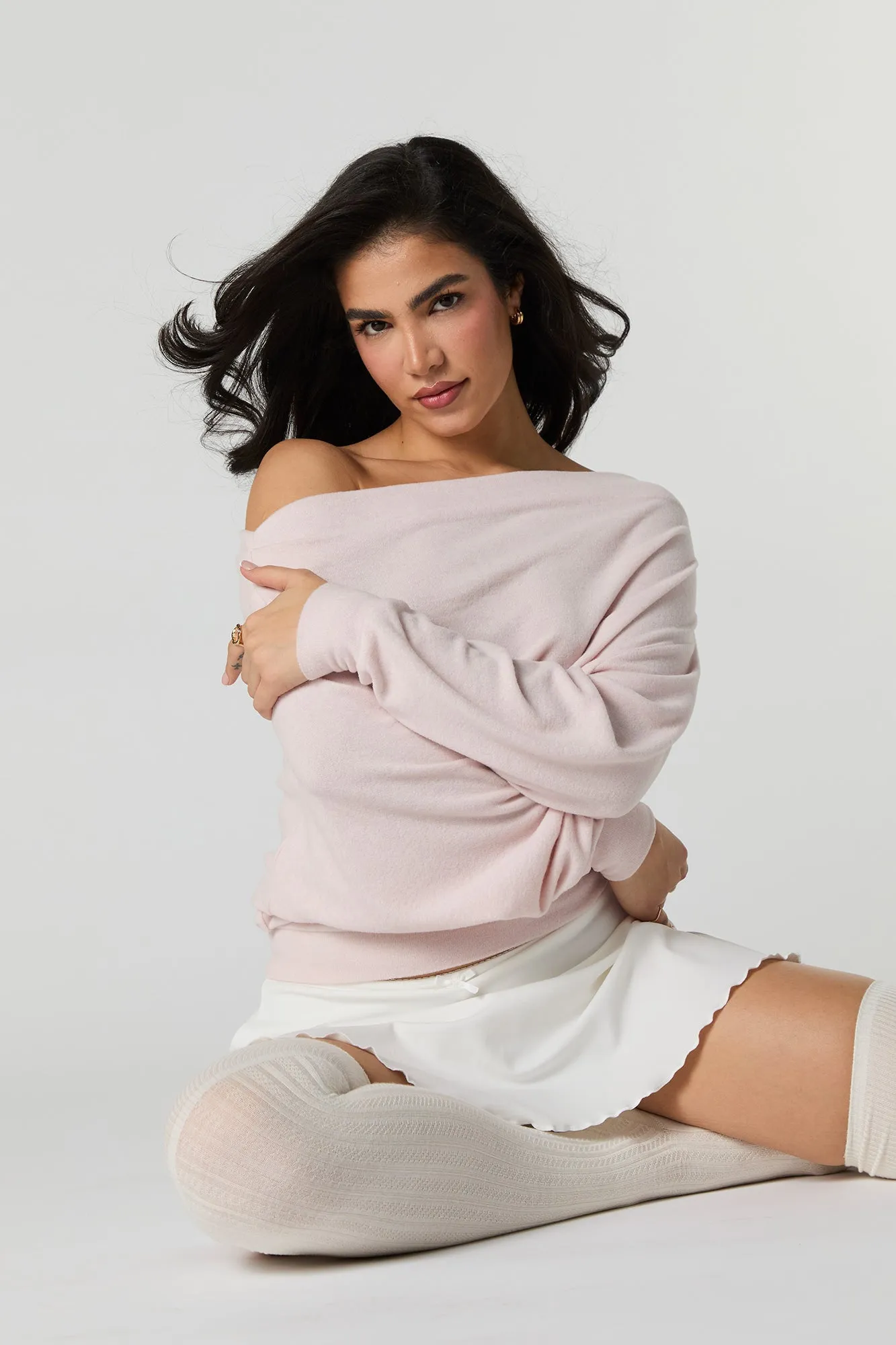 Ruched Knit Off Shoulder Top sold by Urban Planet